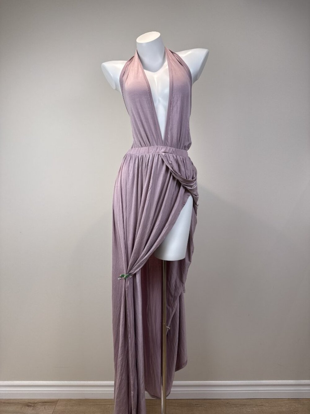 GO Couture Womens Mauve Micro Modal Plunge Halter Maxi Dress Size L - Picture 2 of 6